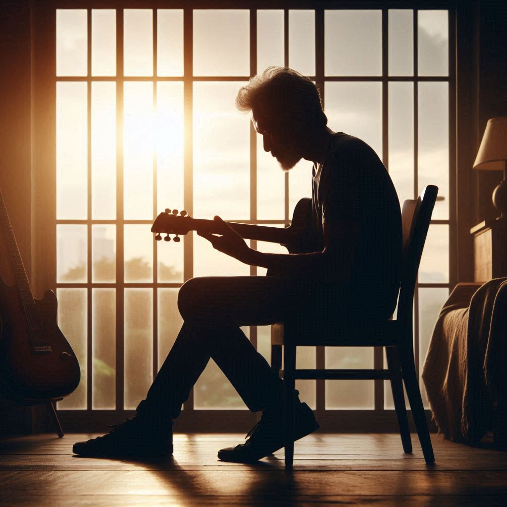 older man playing electric guitar in a calm atmosphere